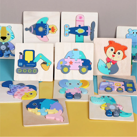 3D Wooden Puzzle Children's Educational Toys Non-toxic Relieve Stress Cartoons Animal Jigsaw Puzzles for Kids