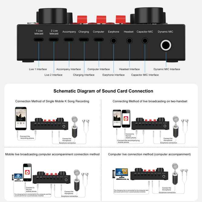 PULUZ PU611B Live Broadcasting Sound Card Bluetooth Karaoke Singing Recording Sound Mixer for Mobile Phone / Computer / Laptop / Tablet PC