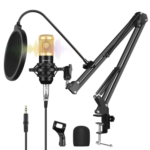 PULUZ Condenser Microphone Studio Broadcast Professional Singing Microphone Kits with Suspension Scissor Arm & Metal Shock Mount & USB Sound Card