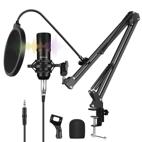 PULUZ Condenser Microphone Studio Broadcast Professional Singing Microphone Kits with Suspension Scissor Arm & Metal Shock Mount & USB Sound Card