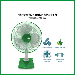XTREME HOME 16-inches Desk Fan 3-Speed Levels Thermally Fuse Protected High Performance Motor Adjustable Tilting Head Oscillation Function
