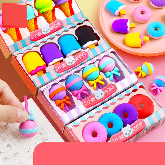 4 Pieces /Pack Cute Dessert Eraser Set Rubber Creative Pencil Eraser For Kids School Supply