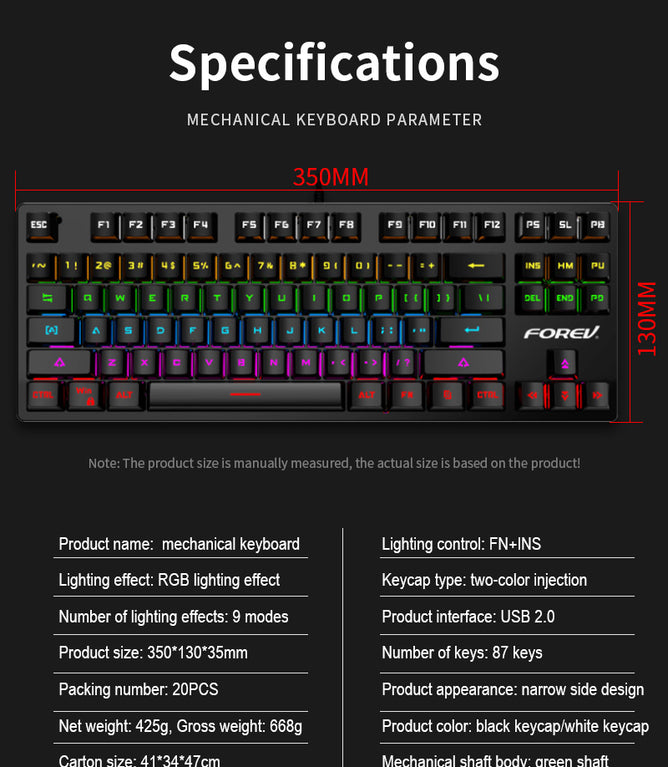 FV-Q301 87 keys Wired Mechanical Keyboard Blue Axis Cute Small RGB Backlight Portable Gaming Keyboard