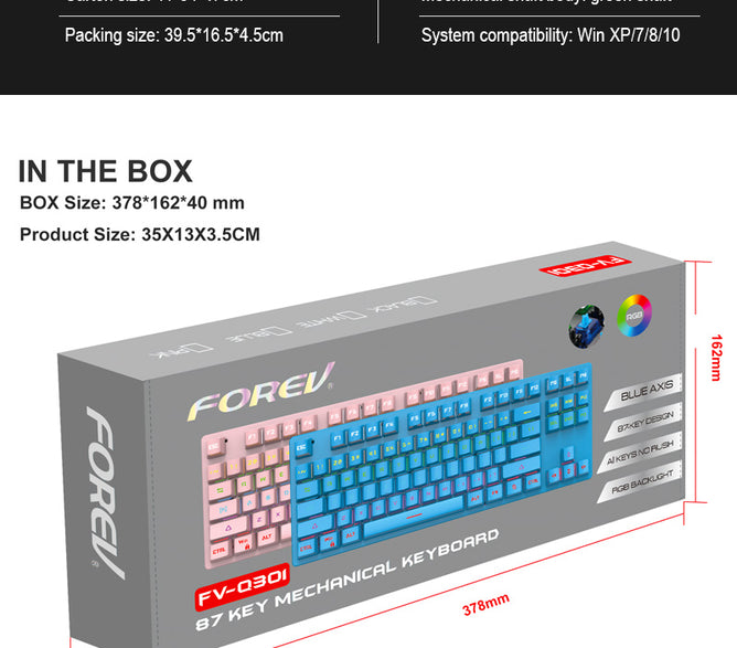 FV-Q301 87 keys Wired Mechanical Keyboard Blue Axis Cute Small RGB Backlight Portable Gaming Keyboard