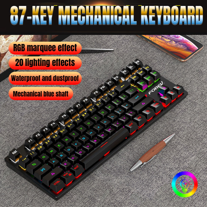 FV-Q301 87 keys Wired Mechanical Keyboard Blue Axis Cute Small RGB Backlight Portable Gaming Keyboard