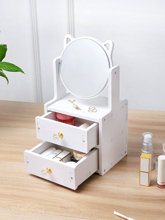 Mini Cute Cat Design Double Storage Drawer Type Mirror Dressing Table DIY Decoration