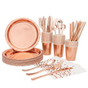 Rose Gold Polca Dots Disposable Party Paper Plate Set Paper Cup Paper Towel Tablecloth For Party Occasion
