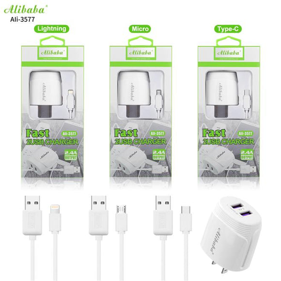 Alibaba Ali-3577 2.4A 100cm USB Cable Dual Port Fast USB Charger IOS/Micro/Type-C