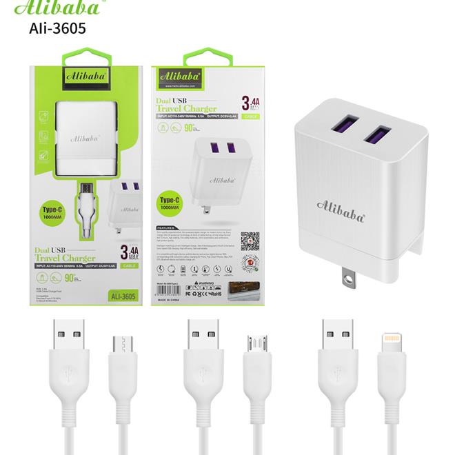 Alibaba Ali-3605 3.4A 100cm USB Cable High Quality Dual USB Port Fast Charger IOS/Micro & Type-C