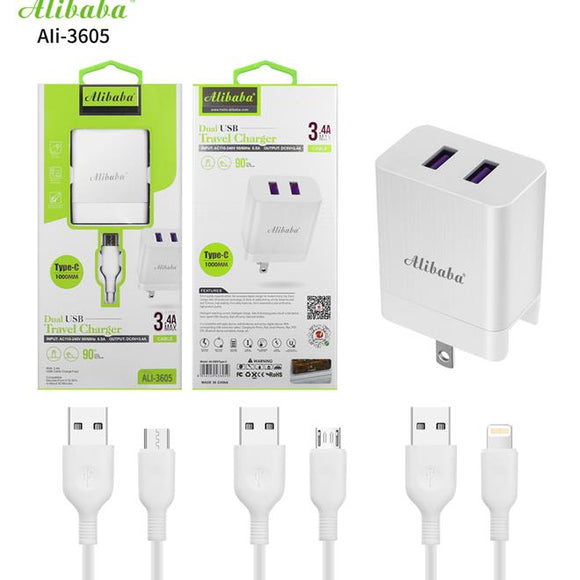 Alibaba Ali-3605 3.4A 100cm USB Cable High Quality Dual USB Port Fast Charger IOS/Micro & Type-C