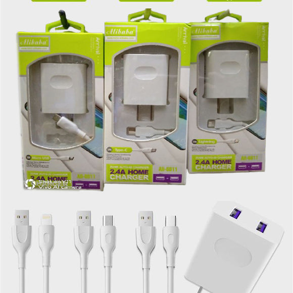 Alibaba Ali-6011 Fast Charger 18W 2.4A Dual USB Port Charger with100cm Data Cable IOS/Micro & Type-C