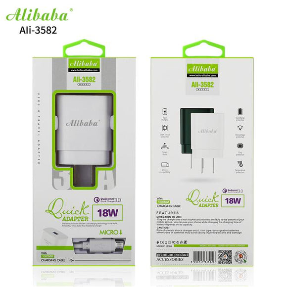 Alibaba Ali-3582 18W Qualcomm 3.0 Fast Charger 1000mm USB Cable IOS 5g android Micro V8 & TypeC
