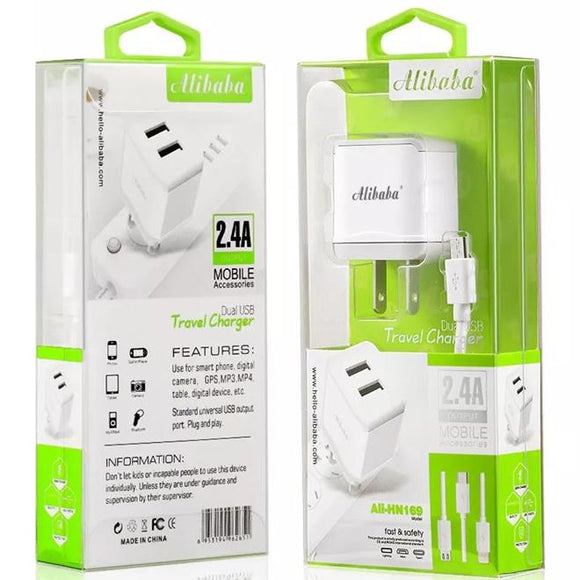 Alibaba Ali-HN169 2.4A Dual Travel USB Fast Charger for  IOS & Android mobile Phone or Tab & Ipad
