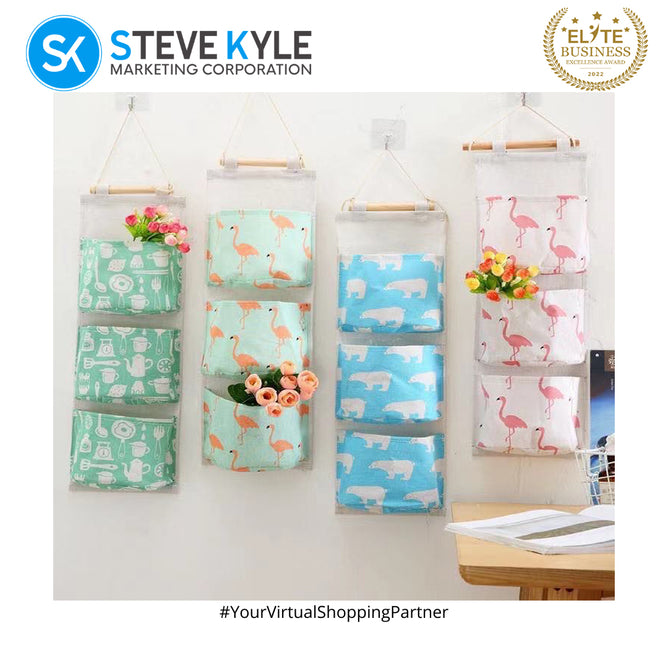 Wall Hanging Storage Bag Organizer with 3 Pocket Premium Linen Fabric Waterproof Door Organizer