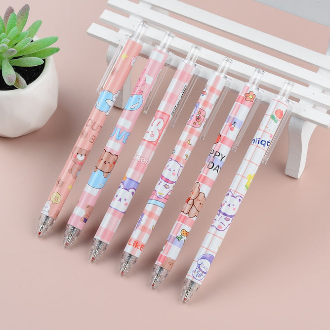 6pcs Set of Press Glue Pen Retractable Gel Random Ink Color Ballpen