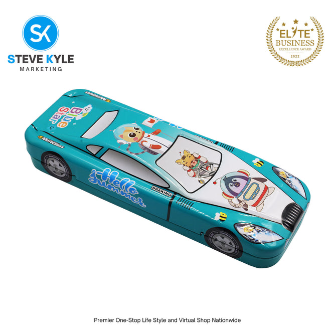2 Layer Metal Pencil Case with Cartoon Car Design for Kids