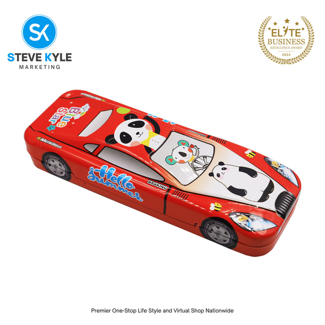 2 Layer Metal Pencil Case with Cartoon Car Design for Kids