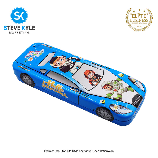 2 Layer Metal Pencil Case with Cartoon Car Design for Kids
